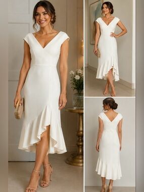 Knitee Women’s White Ivory V-Neck Ruffle Hem Midi Dress Size L 12-14 Elegant
